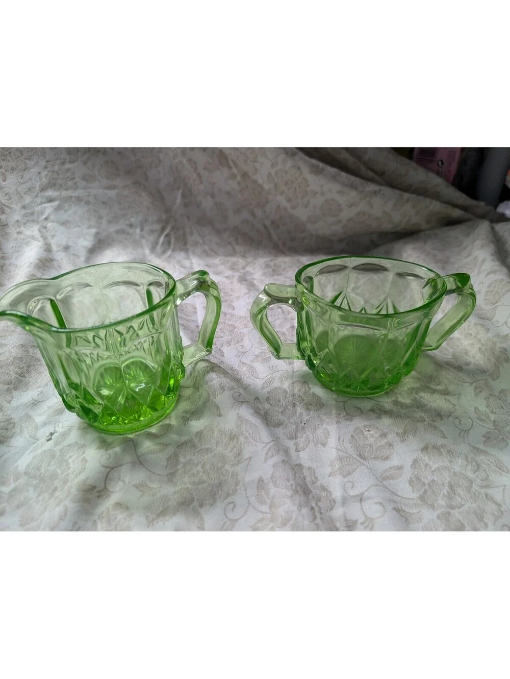 Vintage Green Depression Glass Creamer and Sugar Bowl Set